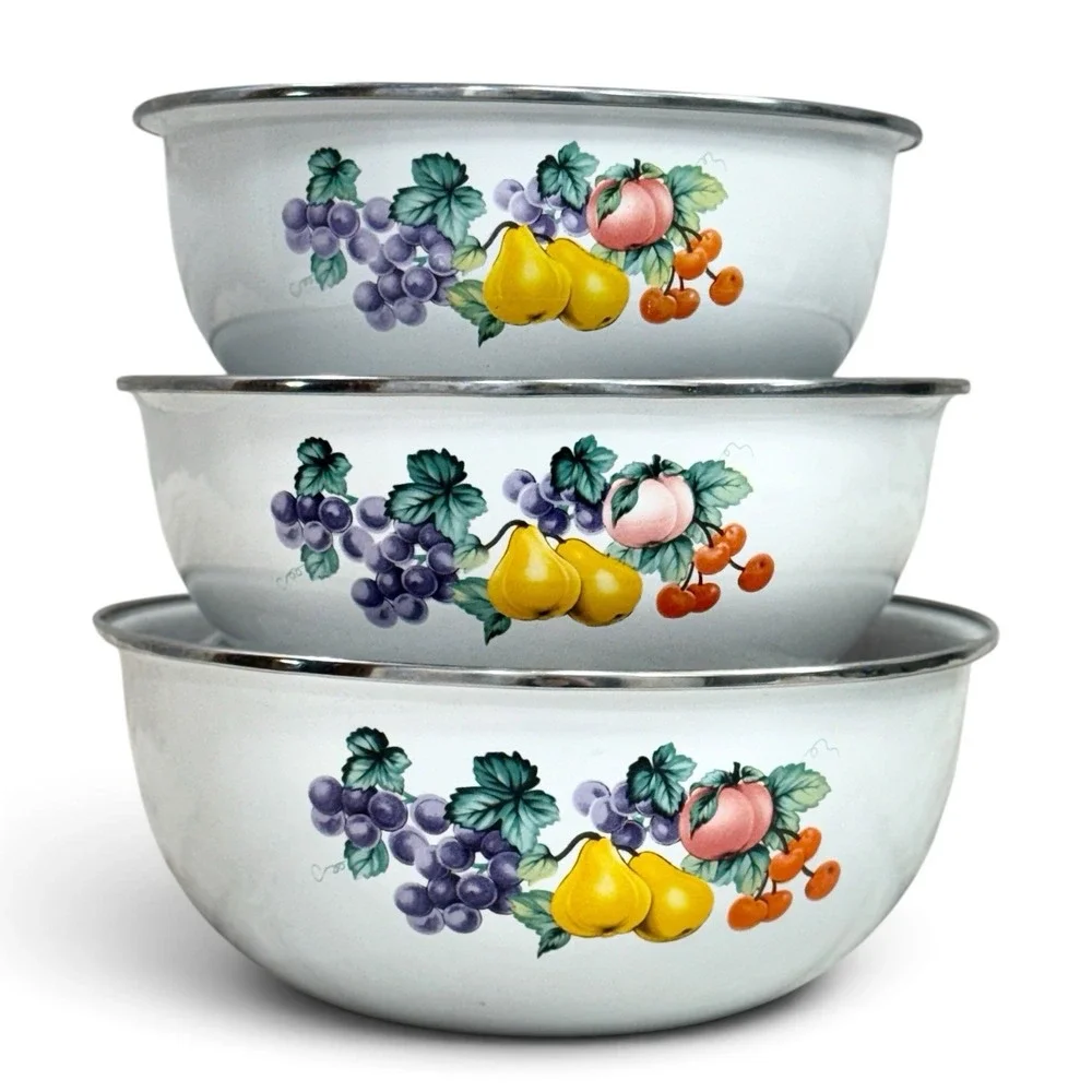 Vtg GMI Garden Harvest Fruit Enamelware Nesting Bowls Set Of 3 Country Farmhouse